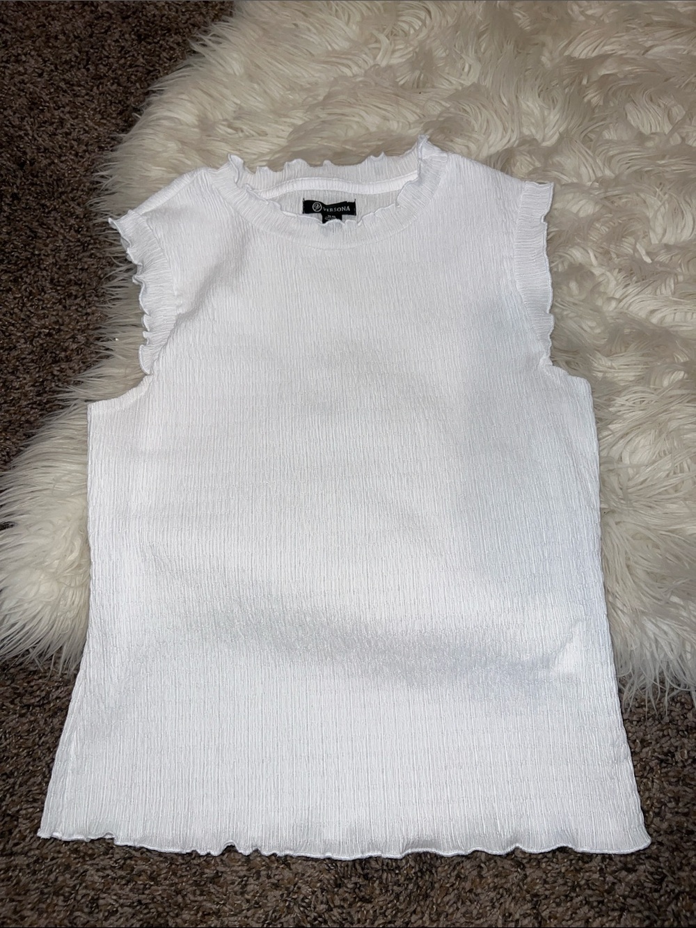 Versona White Ribbed Lettuce-Edge Sleeveless Tank